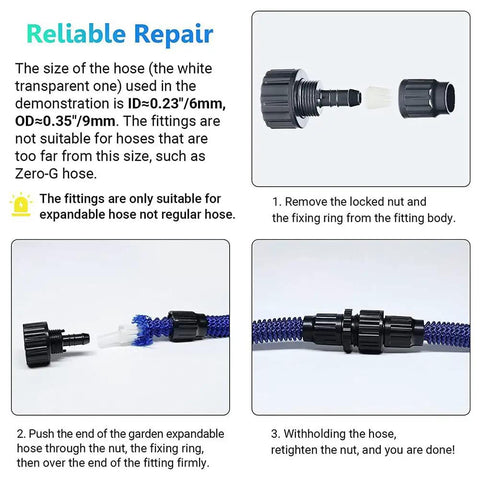 Premium Garden Hose Adapters And Water Expandable Repair Kit With Fresh Washers, Perfect Fix For Leaky Expandable Hoses That Make Gardening A Total Breeze For Any Plant Lover. ABS adapter for 6mm expandable hose repair, shown with connector and washers