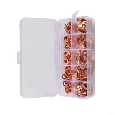 Get This Top Notch 100 Piece Copper Flat Washer Assortment Kit With Box For Sump And Industrial Jobs Featuring Purple Copper Ring Seals That Resist Heat Buildup And Deliver Serious Hardness For Your Tough Gasket Needs. Open plastic box with copper flat washers