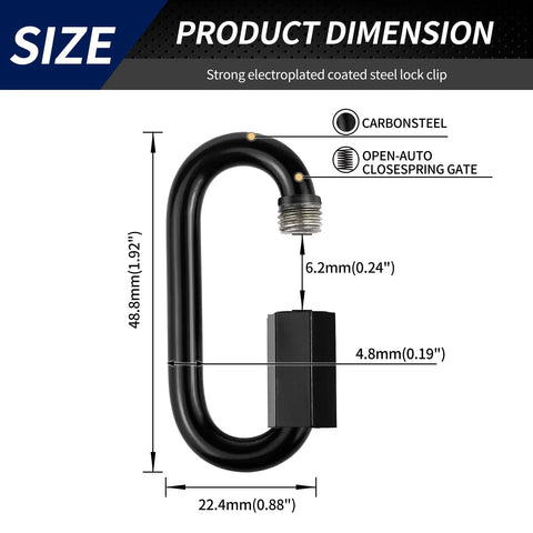 Eight Pack Heavy Duty Quick Links And Chain Hooks Set In Black Stainless Steel 304 Anti Rust Locking Carabiners Three Sixteenth Inch Size
