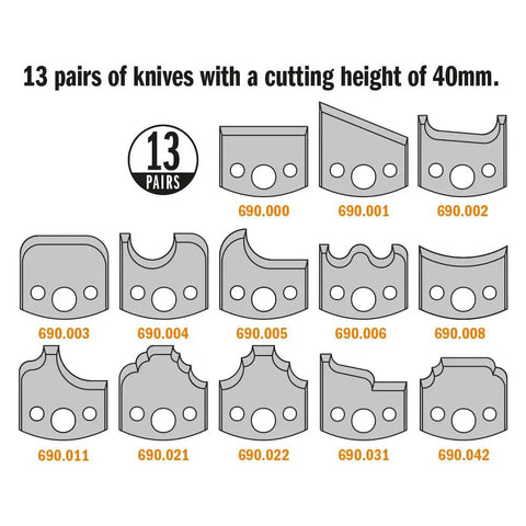 Pro Grade Molding And Profile Router Bit Set Boasting Four Inch Diameter One Quarter Bore Aluminum Cutterhead With Razor Sharp M2 Steel Knives For Hardcore Cuts On Raised Panel Rail Stile Tongue Groove And Cove Bead Work, showing 13 pairs of interchangeable knives.