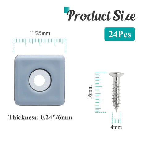 24 Pack Screw On Furniture Sliders For Heavy Gear 1 Inch Square Floor Glides dimensions with screw and glide size details.