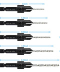Five-piece HSS countersink drill bit set with 1/4-inch hex shanks and sizes #6, #8, #10, #12, #16.