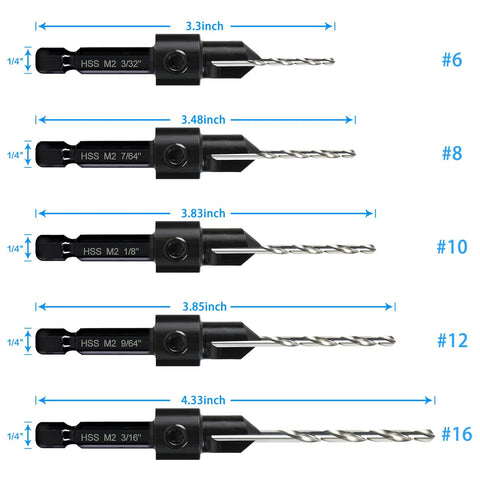 Five-piece HSS countersink drill bit set with 1/4-inch hex shanks and sizes #6, #8, #10, #12, #16.