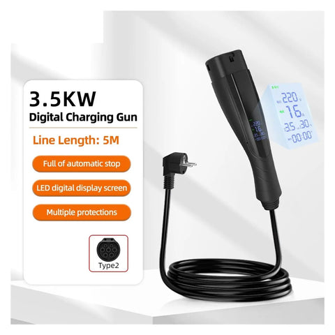 Sleek Portable Ev Charger With Type 2 Connector And EU Plug Brings Smooth Plug And Play 16a 3kilowatt Charging For Electric Vehicles Includes 5 Meter Cable Digital Display And Smart Temp Leakage Protection For No Sweat Drives.