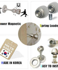 Magnetic Door Stop Two Pack, Heavy Duty Stainless Steel Door Catch And Holder, Wall And Floor Mounted, various components displayed