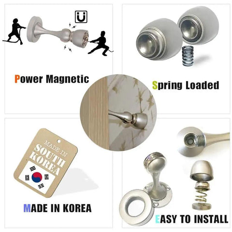 Magnetic Door Stop Two Pack, Heavy Duty Stainless Steel Door Catch And Holder, Wall And Floor Mounted, various components displayed