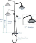 Matte Black Outdoor Shower System With 8 Inch Rain Shower Head, Handheld Spray, Tub Spout, Two Cross Handles, Wall Mounted Faucet Set, Solid Brass Construction For Bathroom Or Backyard showing dimensions and features.