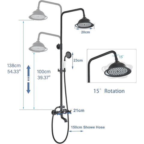 Matte Black Outdoor Shower System With 8 Inch Rain Shower Head, Handheld Spray, Tub Spout, Two Cross Handles, Wall Mounted Faucet Set, Solid Brass Construction For Bathroom Or Backyard showing dimensions and features.