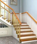 Rock Solid Gold Stair Railing Balusters With Heavy Duty Side Mount Posts And Flexible 270 Degree Adjustable Bracket For Outdoor Deck Porch Fencing No Sweat Setup Top Shelf Quality Kit Included installed on wooden stairs.