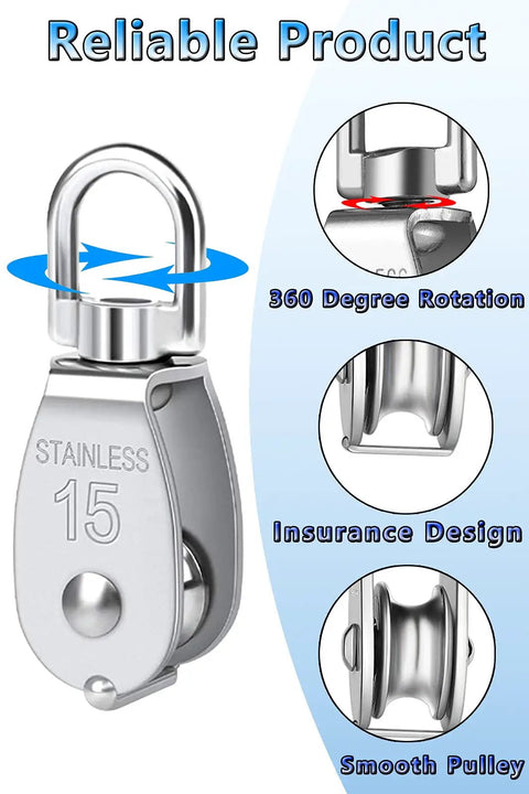 Cable Pulley Block Set 304 Stainless Steel 360 Degree Swivel Heavy Duty M25 Three Pack For Gym, front view showing design features.
