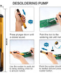 Instructions for using desoldering pump with circuit board, part of Pro Grade 60W Soldering Iron Kit With Digital Multimeter.