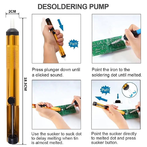 Instructions for using desoldering pump with circuit board, part of Pro Grade 60W Soldering Iron Kit With Digital Multimeter.