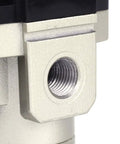 Close-up of female thread 3/8 NPT air pressure regulator 0-150 PSI adjustable with bracket and gauge aluminum alloy body