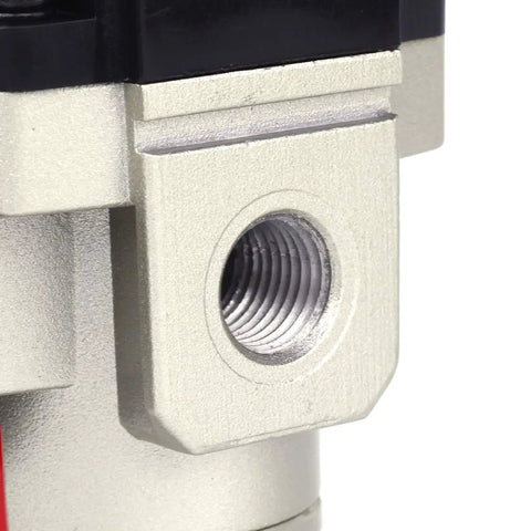 Close-up of female thread 3/8 NPT air pressure regulator 0-150 PSI adjustable with bracket and gauge aluminum alloy body