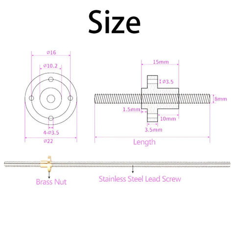Technical diagram of T8 Lead Screw For 3D Printer Z Axis With Stainless Steel Rod And Brass Nut 8mm Lead 200mm Length 2 Pack