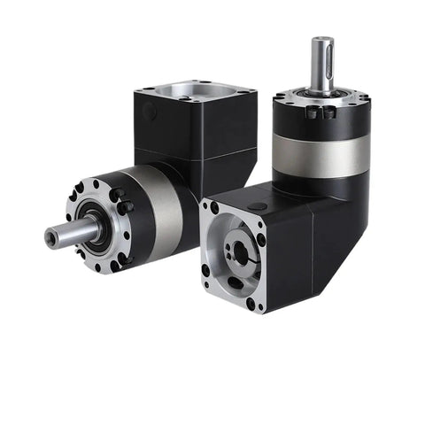 Badass 90 Degree Right Angle Planetary Gear Reducer With Hella Precise 50 To 1 Ratio For Nema 23 And Nema 34 Stepper Motors Plus 60 To 130 Mm Flange Servo Adapters, black metal construction.