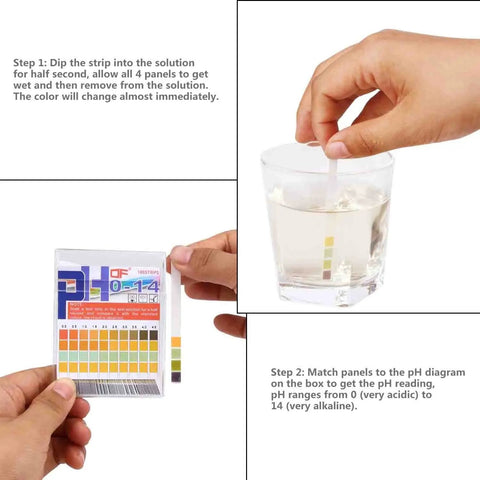 Person using PH Test Strips 0-14 With 0.5 Accuracy, 100 Count, demonstrating color match with drinking water sample.