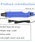 No Sweat Mini Heat Gun For Epoxy Resin And Crafts 300W Portable Handheld Dryer Tool For Embossing Shrink Wrapping Paint Clay Rubber Stamps Quick Dry Blue shown with power switch and cord.