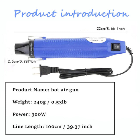 No Sweat Mini Heat Gun For Epoxy Resin And Crafts 300W Portable Handheld Dryer Tool For Embossing Shrink Wrapping Paint Clay Rubber Stamps Quick Dry Blue shown with power switch and cord.