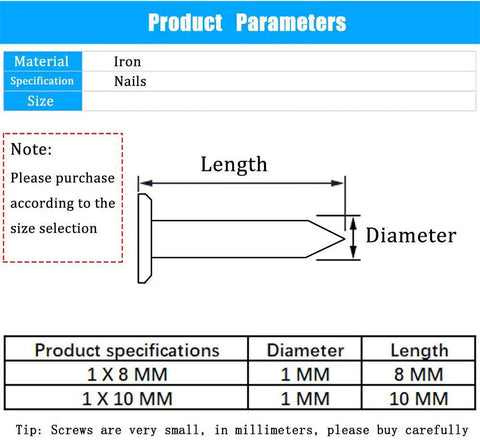 Diagram showing dimensions of 500 Pack Tiny Round Head Nails For String Art And Woodworking 10mm Length 1mm Thread Diameter Iron Silver Finish Mini Nails For DIY And Handmade Projects