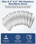 Front view of a 56-piece set of 2x2 inch 304 stainless steel slotted shims with mounting holes