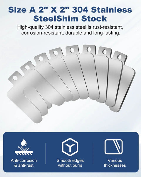 Front view of a 56-piece set of 2x2 inch 304 stainless steel slotted shims with mounting holes