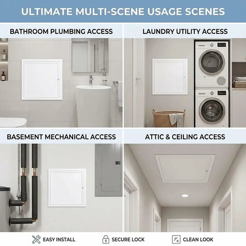 Solid Galvanized Steel Crawl Space Access Panel With No Fuss Thumb Screw For Quick Pvc And Wiring Drywall Hatch Covers Clean White in bathroom, laundry, basement, and attic access.