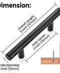 5 Inch Matte Black Stainless Steel Cabinet Handle with dimensions shown, part of 10 Piece Matte Black Stainless Steel Cabinet Handles for Kitchen Cabinets and Drawer Pulls, Built To Last And Tough As Nails, Scratch Resistant Finish, Easy Install, Modern Minimalist Hardware for Cabinets And Furniture.