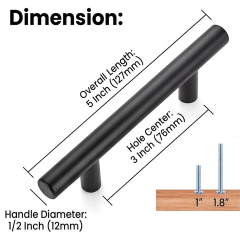 5 Inch Matte Black Stainless Steel Cabinet Handle with dimensions shown, part of 10 Piece Matte Black Stainless Steel Cabinet Handles for Kitchen Cabinets and Drawer Pulls, Built To Last And Tough As Nails, Scratch Resistant Finish, Easy Install, Modern Minimalist Hardware for Cabinets And Furniture.