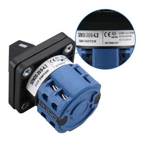 Close-up of 20A 660V Cam Changeover Switch With 5 Position Rotary Selector, 8 Terminals, SZW26-20/0-4.2 for industrial panels.