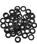 Top Notch Adjustable Plastic Eyelet Fasteners With 15 Millimeter Inner And 28 Millimeter Outer Fit Perfect For Canvas Repair And Fabric Patching In A Hella Strong 50 Piece Kit, black plastic eyelet fasteners in a pile.