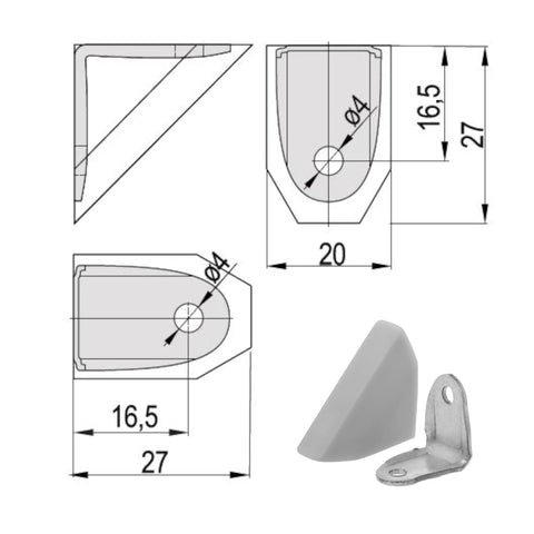 Diagram and photo of 10 Pack Steel Shelf Brackets 90 Degree With Plastic Cover For Screws Furniture Wall Bracket Universal Light Grey