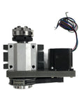 Built Tough Nema23 Stepper Motor With Fourth Axis Rotary Setup For CNC Wood Routers featuring 3 jaw chuck and wiring.