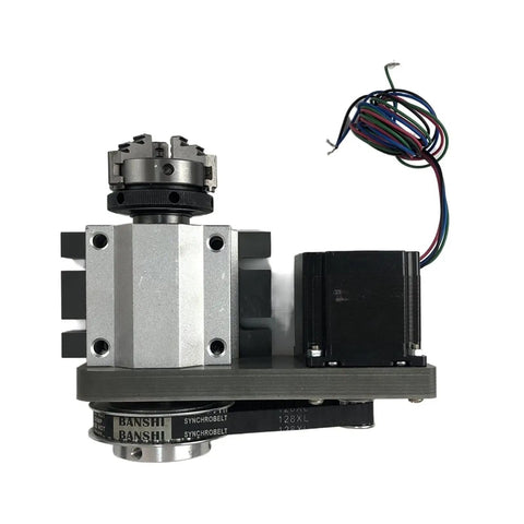 Built Tough Nema23 Stepper Motor With Fourth Axis Rotary Setup For CNC Wood Routers featuring 3 jaw chuck and wiring.