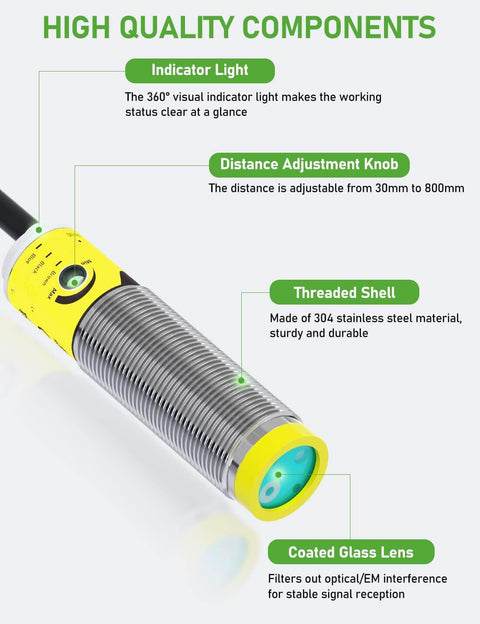 Photoelectric Proximity Sensor With Laser Detection, IP65 Waterproof, 360 Degree Status Indicator, M16, Threaded Shell