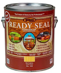 Eight Pack Of One Gallon Oil Based Exterior Wood Stain And Sealer In Natural Light Oak Hella Durable Semi Transparent Finish For Decks And Fences Built Tough With Stress Free No Run Formula on a metal can.