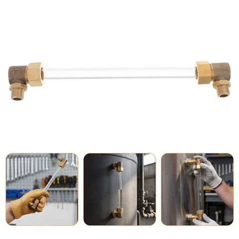 Industrial Water Level Gauge With One Quarter Inch Thread For Buckets And Cisterns, High Temperature Resistant Glass And Copper Tube, Precise Measurement, Built Tough Right Angle Display For Home Use shown mounted on tank