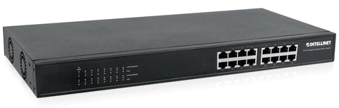 16 Port Gigabit PoE Plus Switch With 220W Budget, 30W Per Port, auto uplink, plug and play rack mount ready, front view