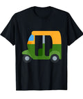 Auto Rickshaw Costume Graphic Tee Shirt For Men Women Youth Kids Classic Fit Lightweight Black showing a colorful rickshaw design.