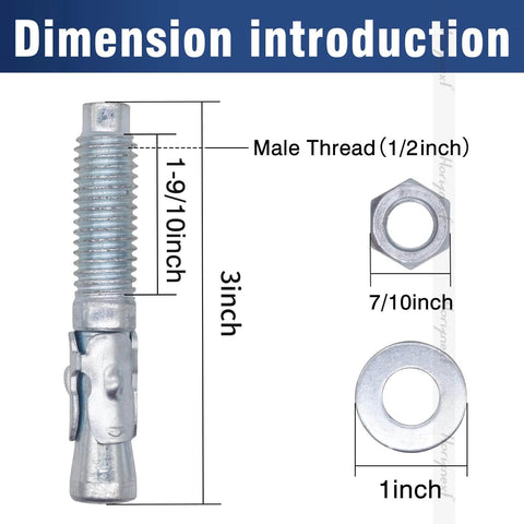 1/2 Inch Concrete Anchors With Washer And Nut Zinc Plated Carbon Steel Wedge Anchors 3 Inch Length dimensions shown