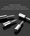 Bullyproof Self Tapping Screws For Cabinet Laminate Support And Wardrobe Partitions Non Slip Glass Shelf Brackets Set Of 200 With Moisture Resistant Coating showing four metallic screws on a black background.