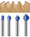 Get Your 6mm Carbide Tipped V Groove Router Bit For Smooth Cuts In Wood And Acrylic With Anti Kickback Safety Design, four bits displayed.