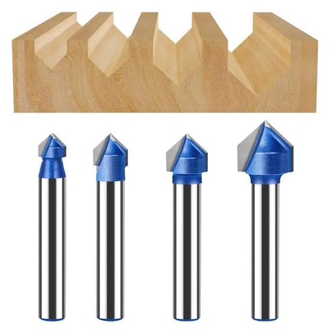 Get Your 6mm Carbide Tipped V Groove Router Bit For Smooth Cuts In Wood And Acrylic With Anti Kickback Safety Design, four bits displayed.