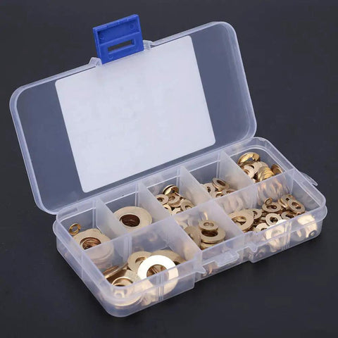 Pro-Grade Brass Flat Washer Set 360-Piece Assortment For Mechanical Maintenance M2 To M10 Sizes Reduces Friction Prevents Leakage Disperses Pressure Precounted In Separate Packages For Easy Quick Picks, brass washers in divided storage case