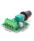 Low Voltage PWM Motor Speed Controller for DC Motors with 1.8V, 3V, 5V, 6V input, 2A drive, output up to 30W, showing green terminal, potentiometer on board