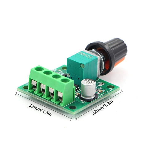 Low Voltage PWM Motor Speed Controller for DC Motors with 1.8V, 3V, 5V, 6V input, 2A drive, output up to 30W, showing green terminal, potentiometer on board