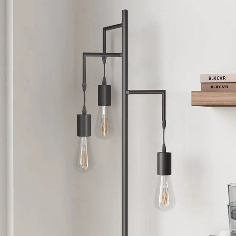 Close-up of Farmhouse Industrial Tree Floor Lamp With 3 Edison LED Bulbs, Rustic Black Tall Standing Floor Lamp for Decor.