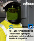 Worker wearing Beefy Full Face Shield Mask With Hard Hat Arc Flash Rated Protective Gear For Work And Grinding ANSI Z87 1 Safety Shield
