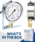 60 Psi Glycerin Filled Low Pressure Gauge With A 2.5 Inch Dial And A One Quarter Inch NPT Lower Mount In A Built Tough 304 Stainless Steel Case For Pool Sand Filter Water Pump Tire Water Oil And Air Pressure Testing, front and side view with packaging