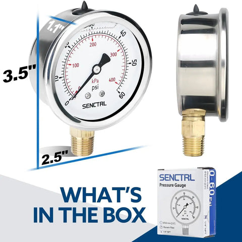 60 Psi Glycerin Filled Low Pressure Gauge With A 2.5 Inch Dial And A One Quarter Inch NPT Lower Mount In A Built Tough 304 Stainless Steel Case For Pool Sand Filter Water Pump Tire Water Oil And Air Pressure Testing, front and side view with packaging